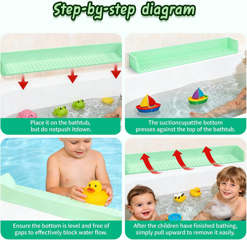 Bathtub Splash Guard for Kids – Bath Tray & Toy Storage Shelf with Suction Cups (2.6 FT, Green)