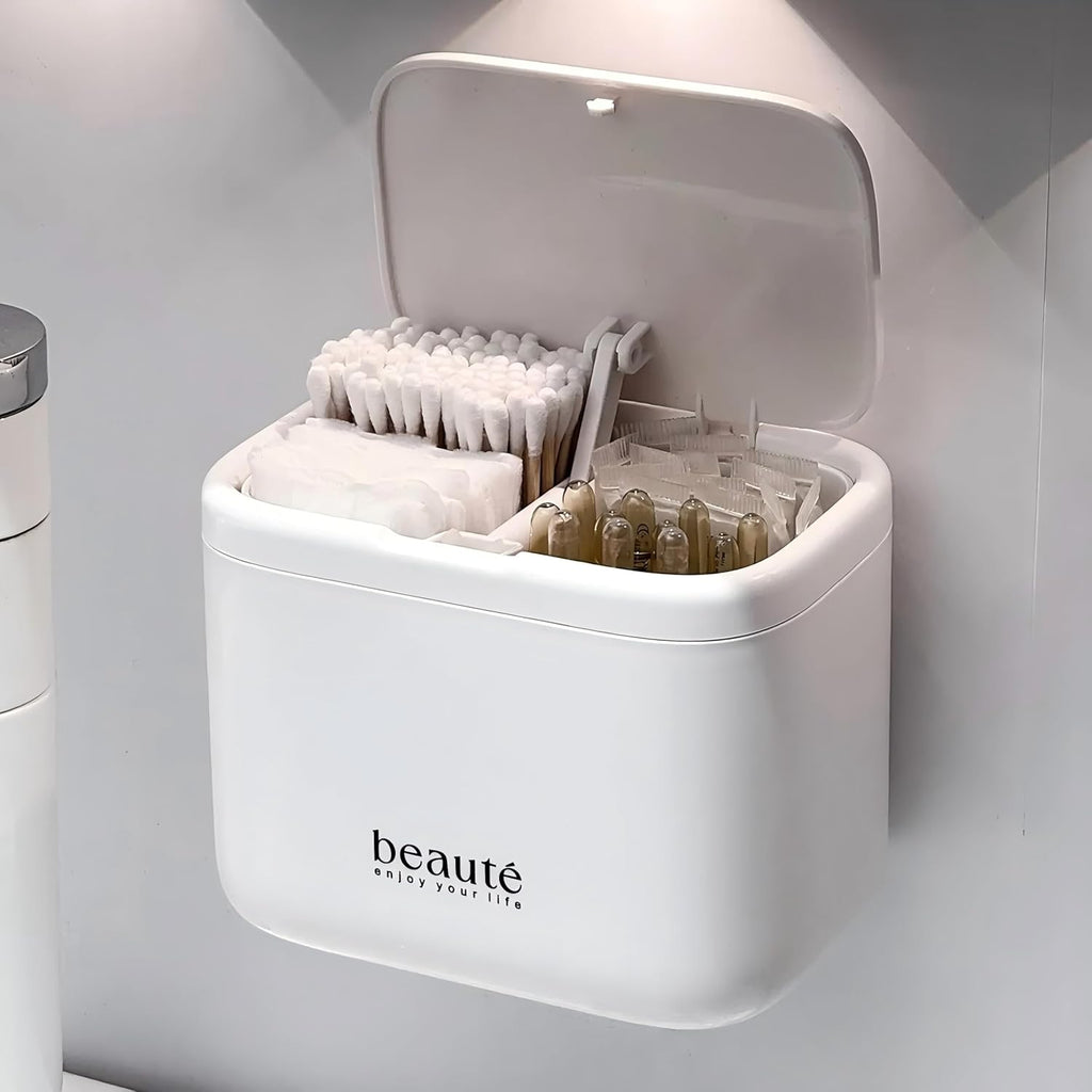 Pop-Up Cotton Swab Holder – 4-Compartment Wall Mount Bathroom Organizer