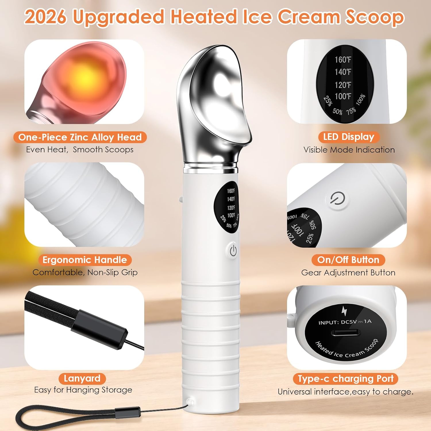 Electric Heated Ice Cream Scoop – Rechargeable Warming Scooper with LED