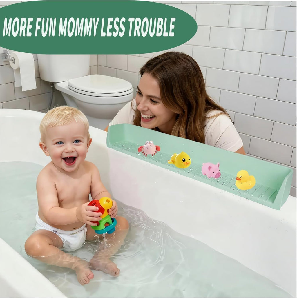 Bathtub Splash Guard for Kids – Bath Tray & Toy Storage Shelf with Suction Cups (2.6 FT, Green)