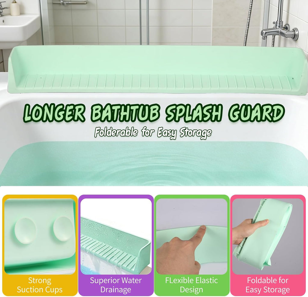 Bathtub Splash Guard for Kids – Bath Tray & Toy Storage Shelf with Suction Cups (2.6 FT, Green)
