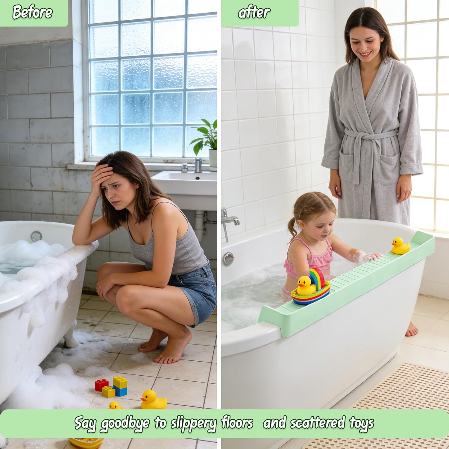 Bathtub Splash Guard for Kids – Bath Tray & Toy Storage Shelf with Suction Cups (2.6 FT, Green)