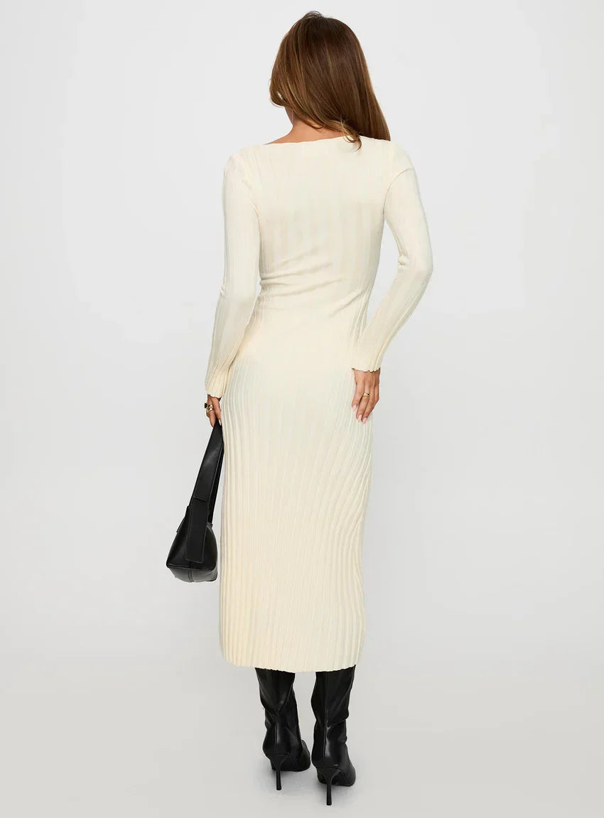 Ryo Long Sleeve Rib Maxi Dress Cream