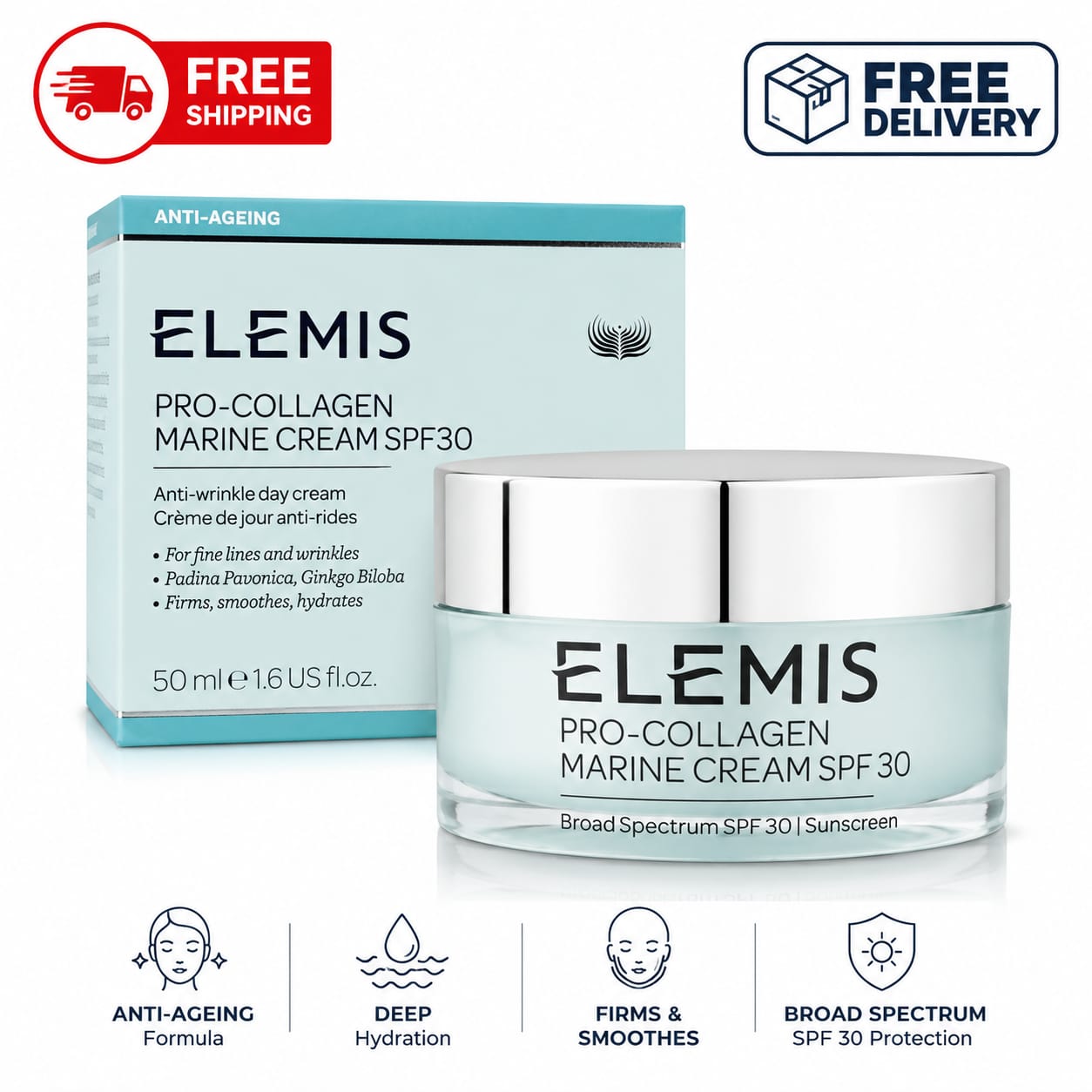 ELEMIS Pro-Collagen Marine Cream SPF 30 – Anti-Wrinkle Day Moisturizer, 50ml / 1.6 fl oz