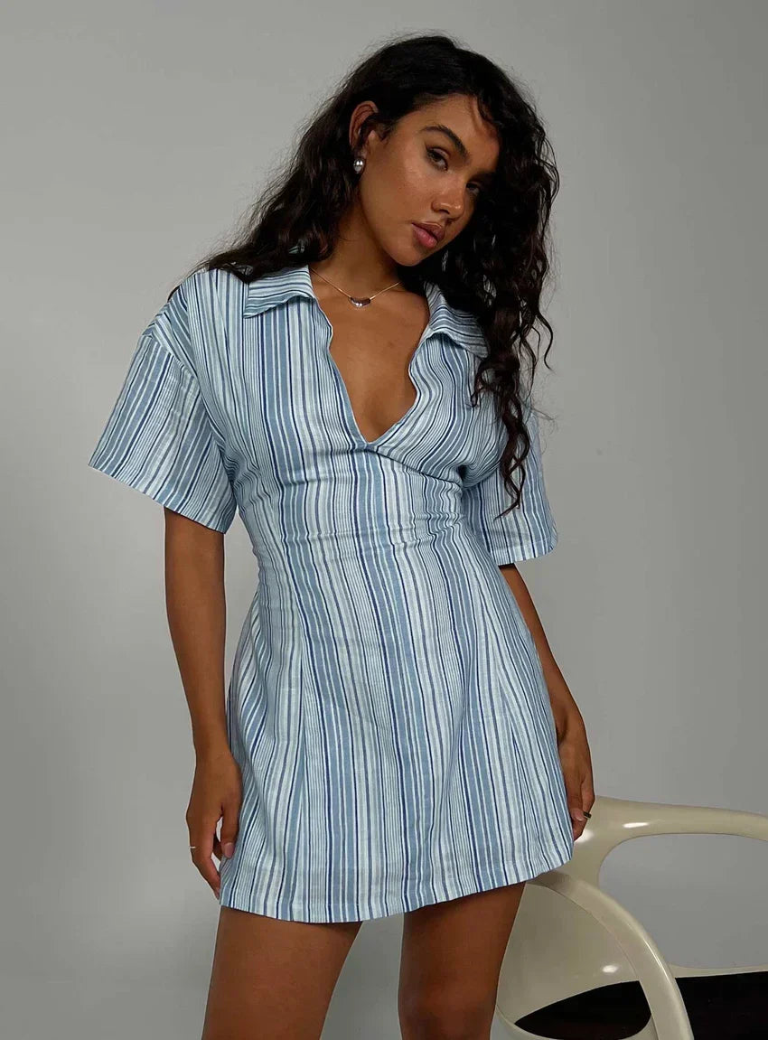 Wylla V Neck Linen Mini Dress Blue Stripe
