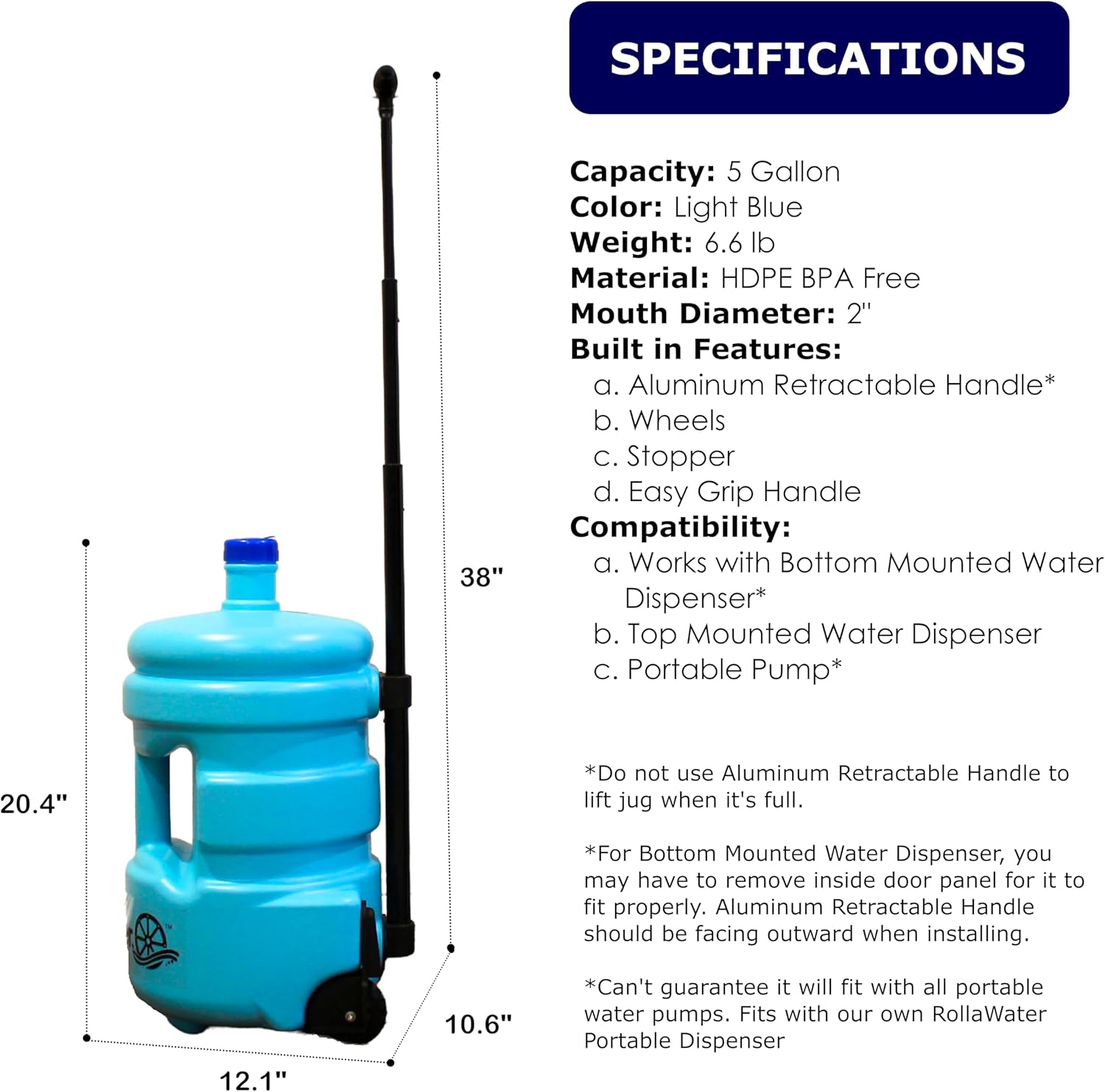 Rolling Water Jug with Wheels & Handle - BPA-Free Portable Water Container for Camping, Home & Office