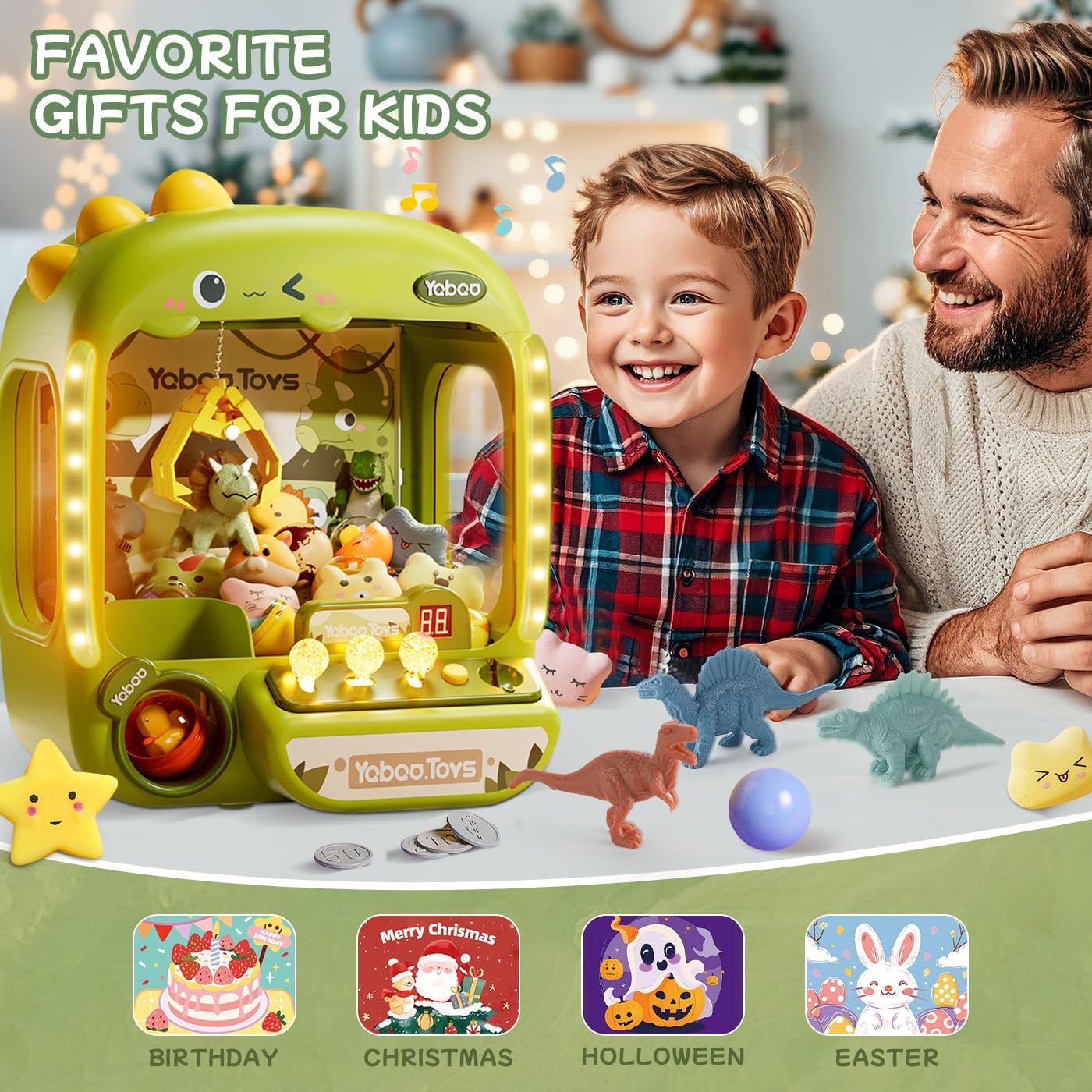 Claw Machine for Kids with 64 Dinosaur Toys - Mini Arcade Prize Game with Lights & Sounds, Ages 3-8