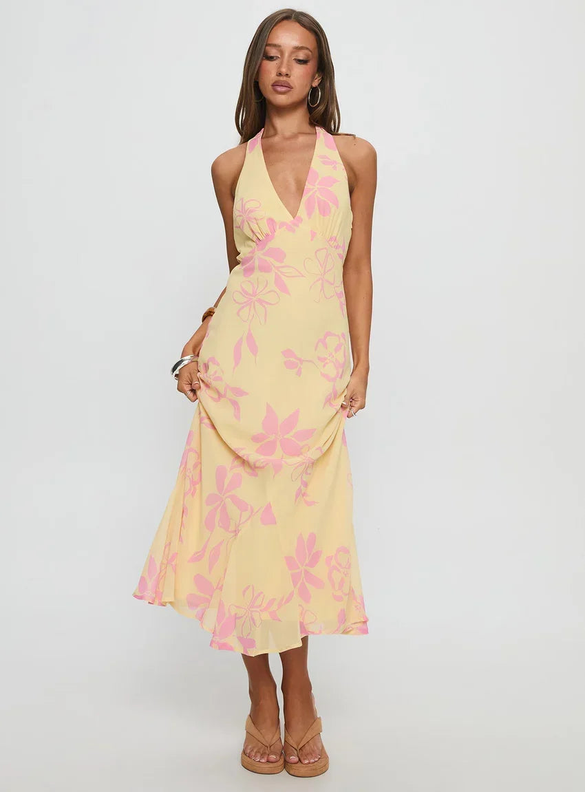 Alayla Halter Midi Dress Yellow Floral VIP