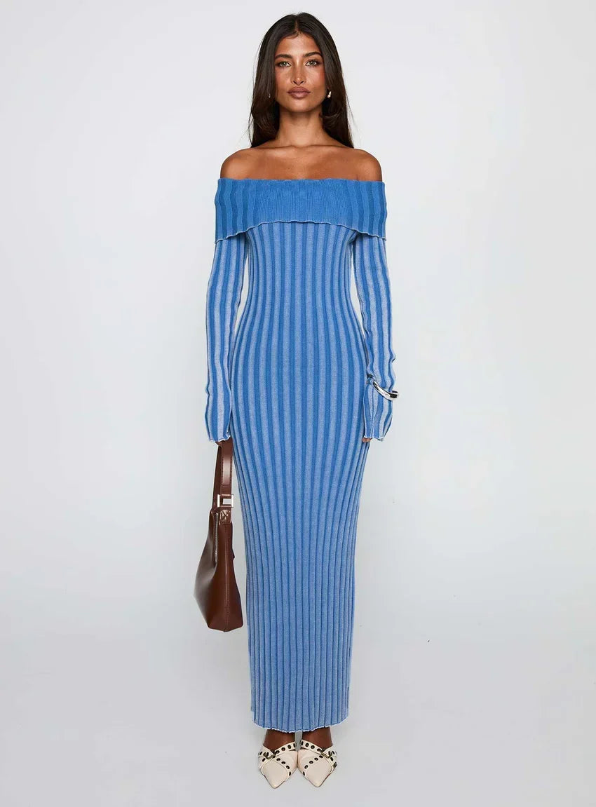 Mariska Long Sleeve Rib Maxi Dress Blue