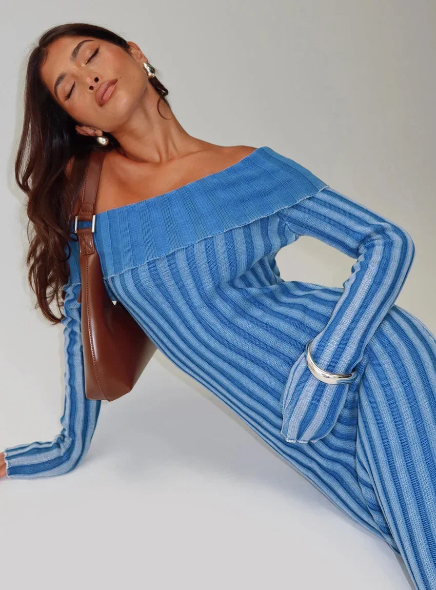 Mariska Long Sleeve Rib Maxi Dress Blue