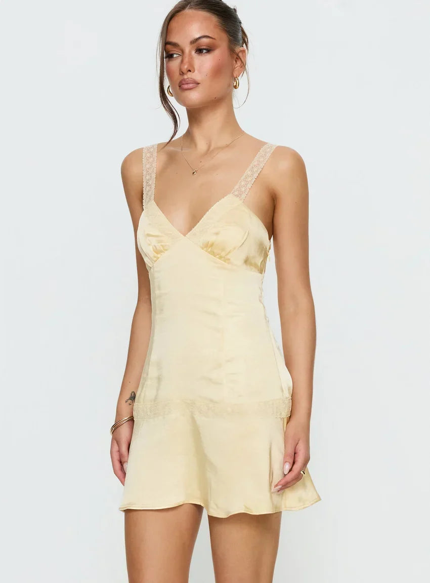 Sybelle Lace Drop Waist Mini Dress Yellow