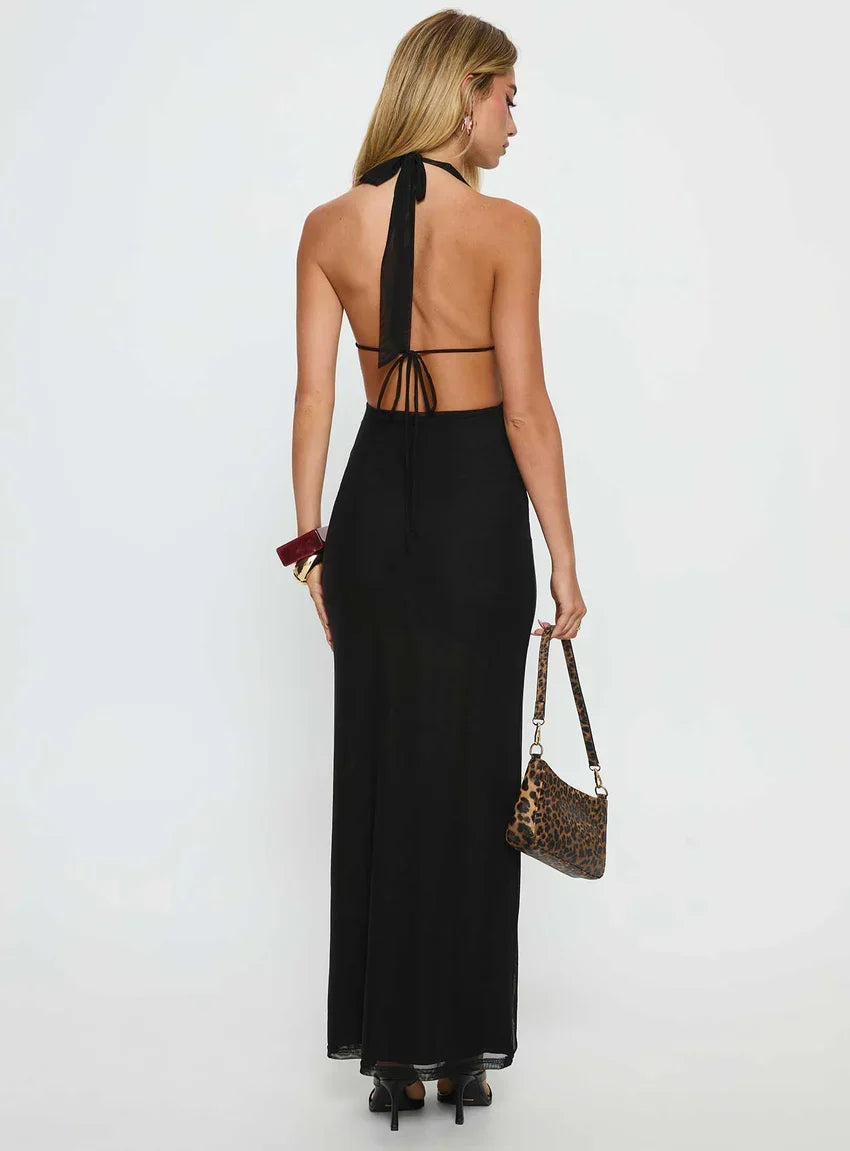 Stroke of Fate Plunge Halter Maxi Dress Black