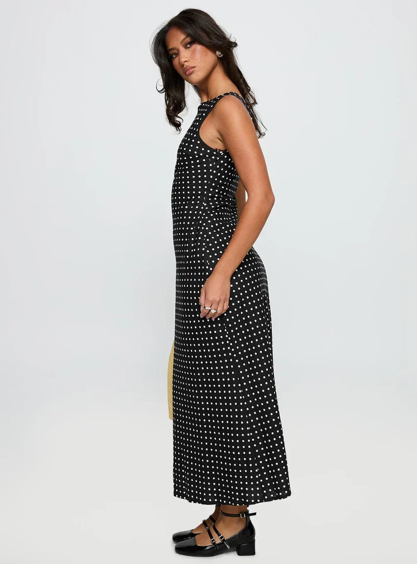 Voyager Linen Blend Midi Dress Black Polka