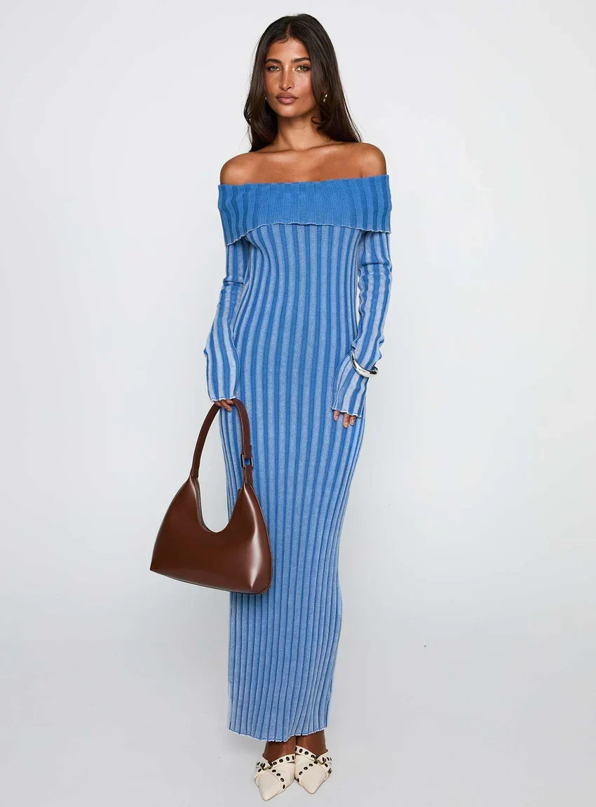 Mariska Long Sleeve Rib Maxi Dress Blue