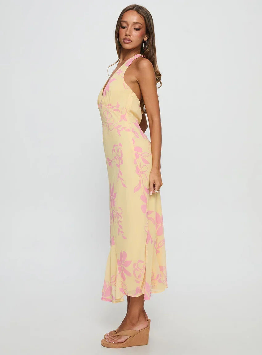 Alayla Halter Midi Dress Yellow Floral VIP