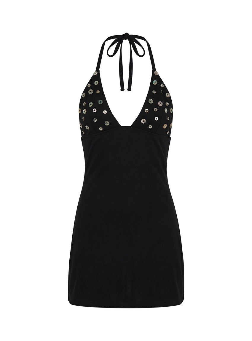 Chyna Halter Button Mini Dress Black