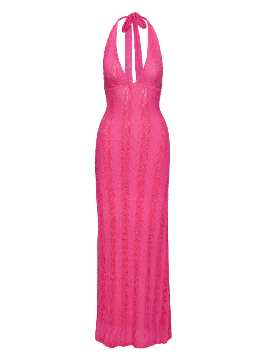 Zoi Lace Halter Maxi Dress Hot Pink