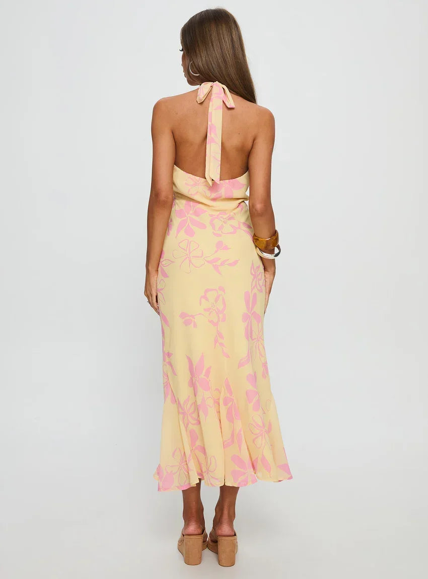 Alayla Halter Midi Dress Yellow Floral VIP