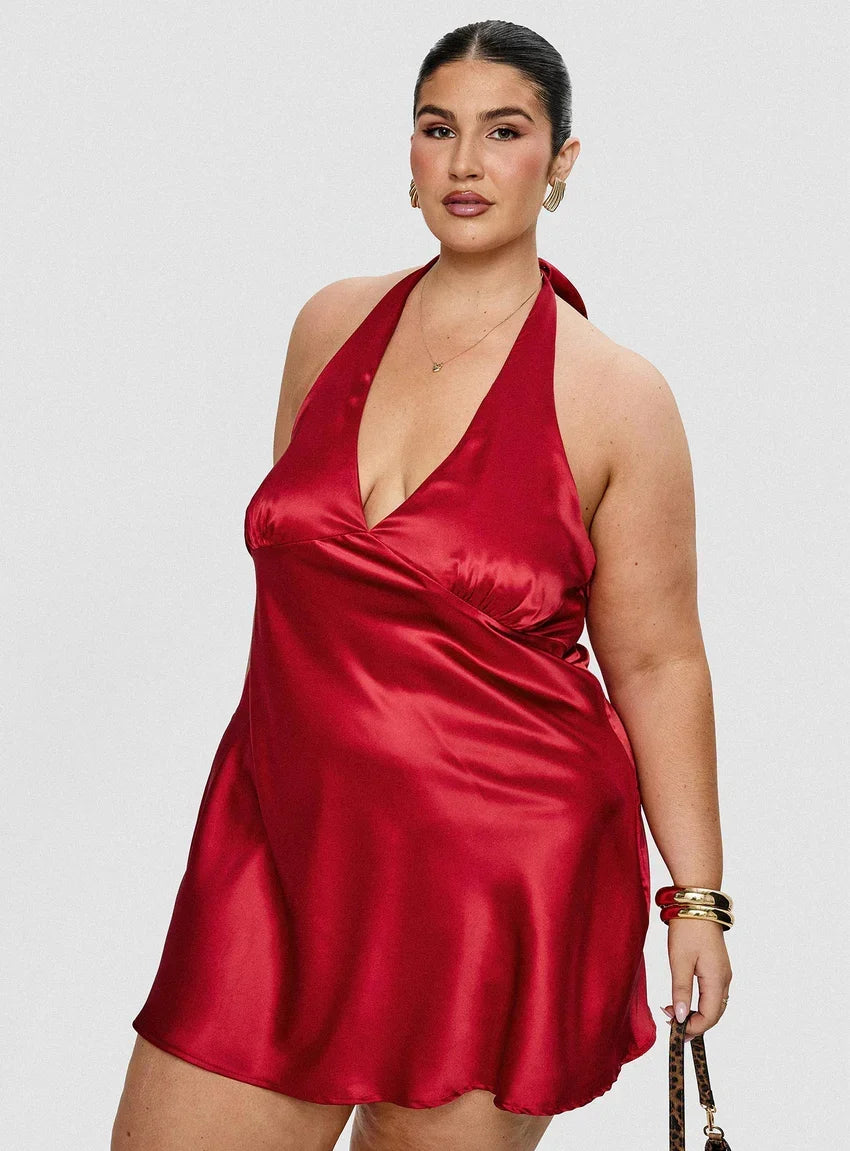 Pelagia Halter Scarf Tie Mini Dress Red Curve