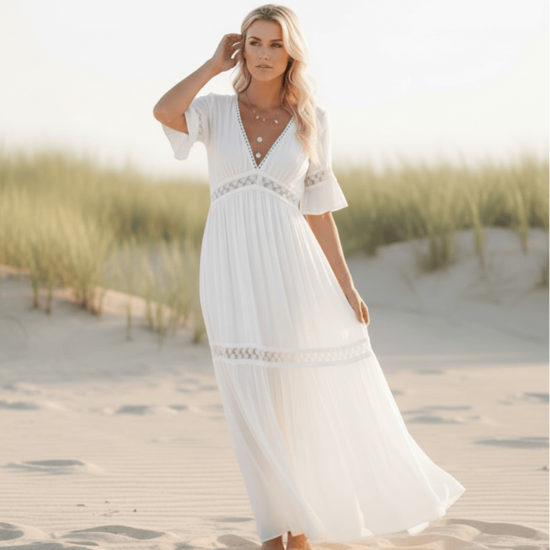 White Lace High Waist Boho Maxi Dress