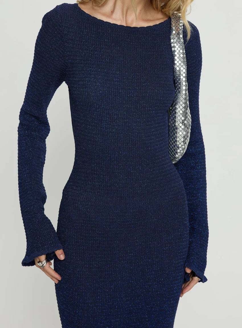 Rhapsody Long Sleeve Knit Maxi Dress Navy