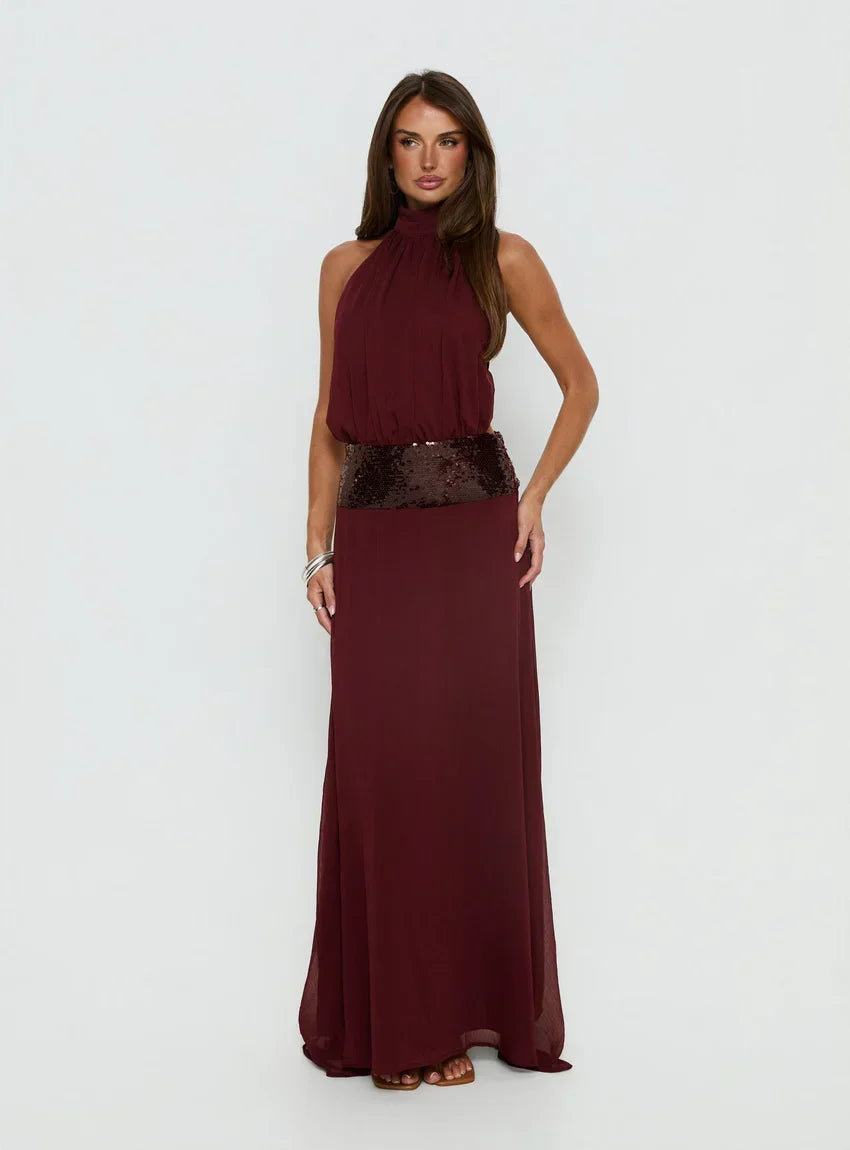 Darwinn Drop Waist Sequin Detail Maxi Dress Burgundy