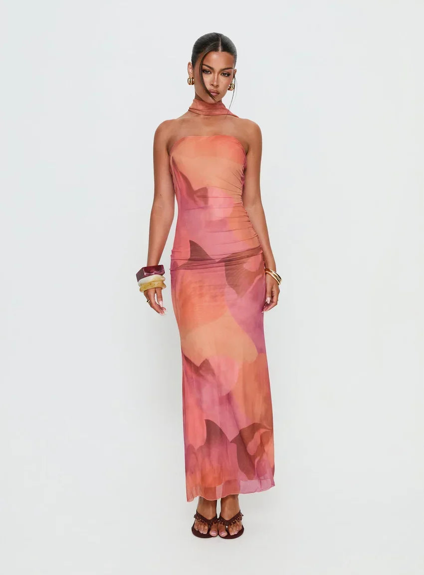 Davynn Scarf Detail Strapless Maxi Dress Pink Multi
