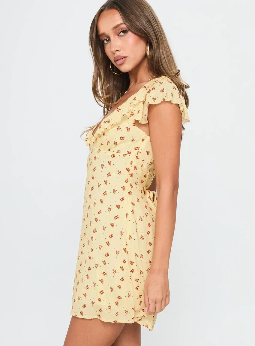 Just Me And You Frill Mini Dress Yellow Floral