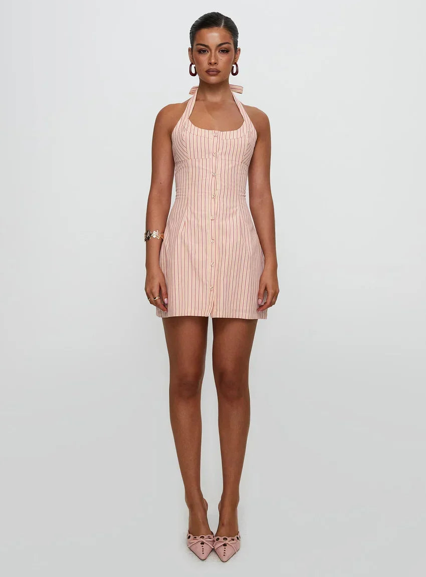 Mallorie Halter Mini Dress Pink Stripe