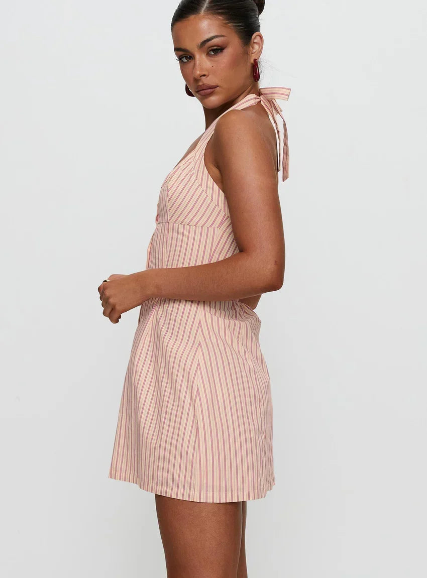 Mallorie Halter Mini Dress Pink Stripe