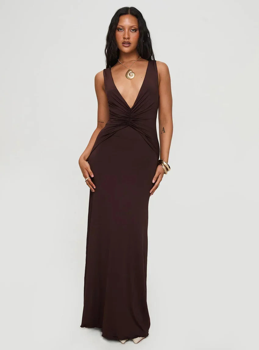 Frederica Plunge Maxi Dress Chocolate Petite