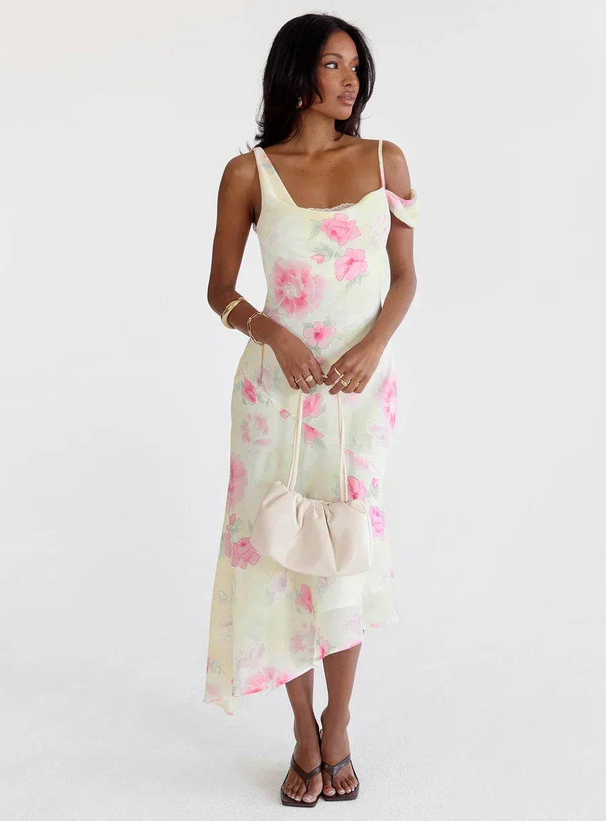 Somebody Like Me Asymmetrical Midi Dress Pink Floral