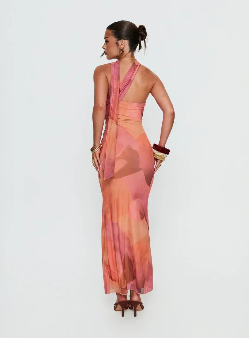 Davynn Scarf Detail Strapless Maxi Dress Pink Multi