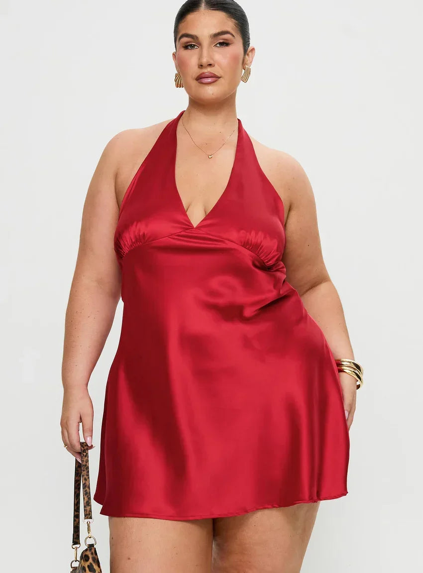 Pelagia Halter Scarf Tie Mini Dress Red Curve