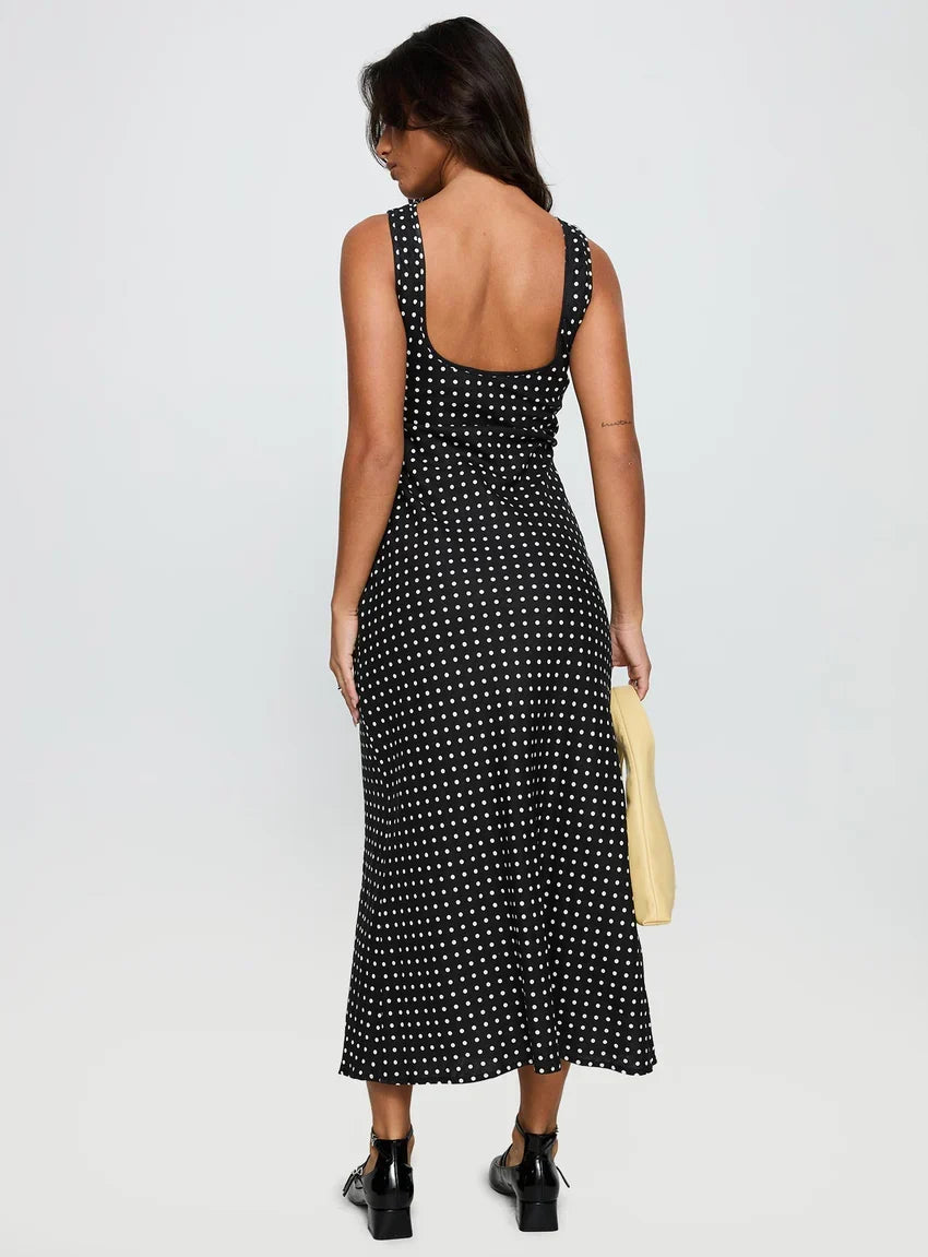Voyager Linen Blend Midi Dress Black Polka