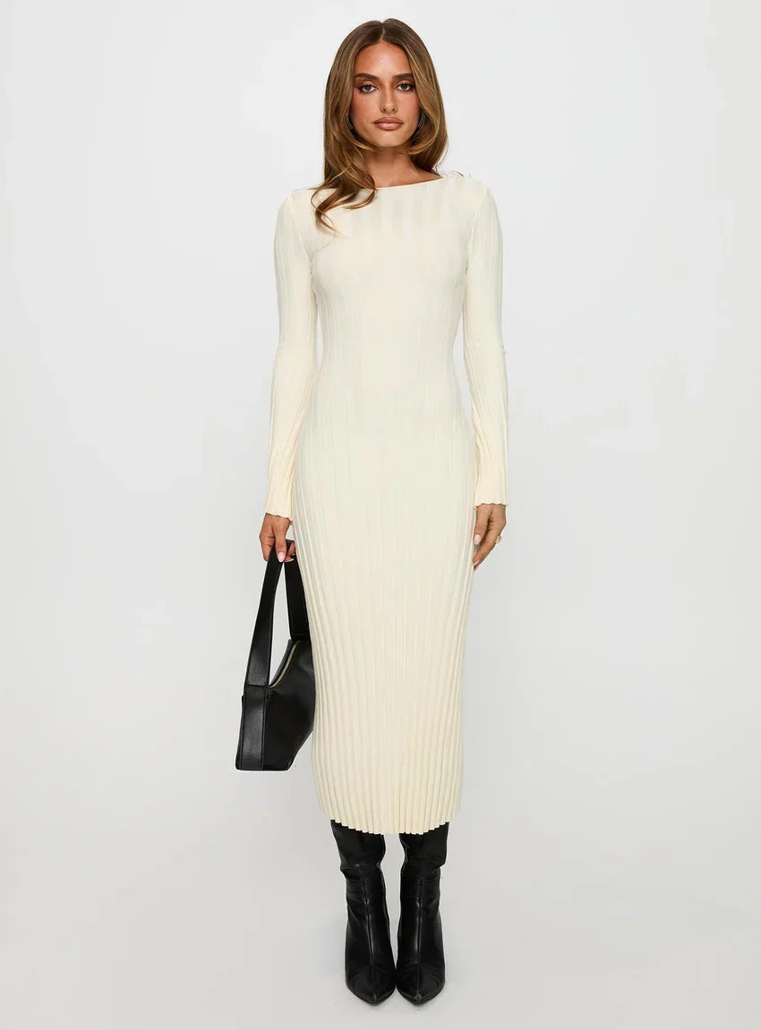 Ryo Long Sleeve Rib Maxi Dress Cream