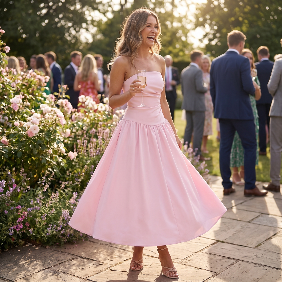 Louisa Midi Dress - Strapless Side Ruched Dropped Waist Fit And Flare Dress in Pink