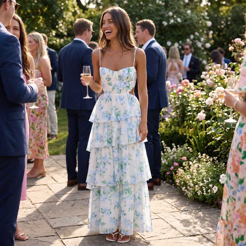 Vianne Tiered Cut-Out Maxi Dress Floral Blue