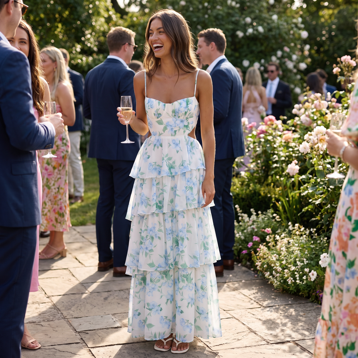 Vianne Tiered Cut-Out Maxi Dress Floral Blue