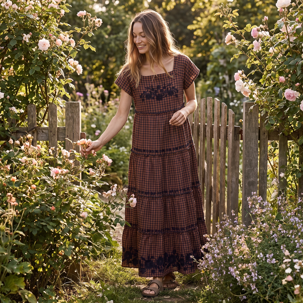 Berkley Embroidered Cotton Maxi Dress - Rust Gingham