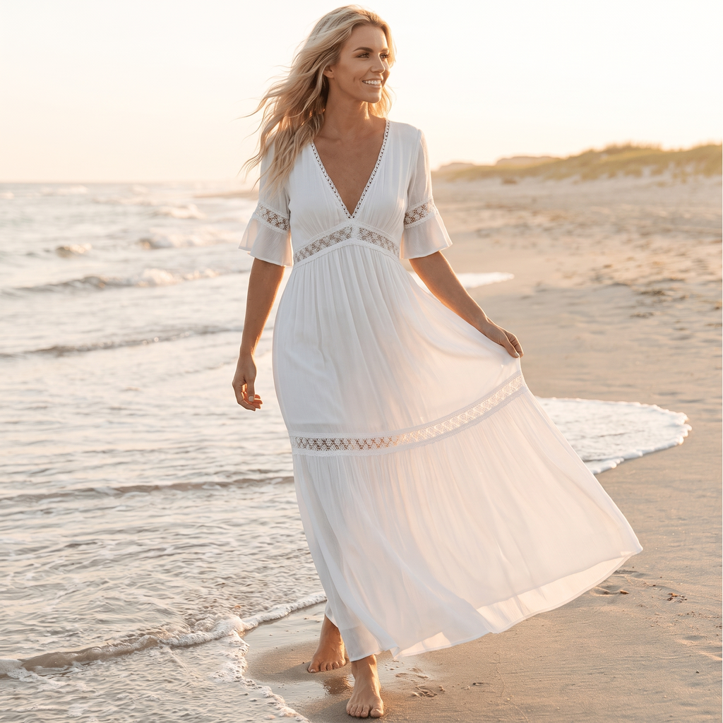 White Lace High Waist Boho Maxi Dress
