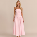 Louisa Midi Dress - Strapless Side Ruched Dropped Waist Fit And Flare Dress in Pink