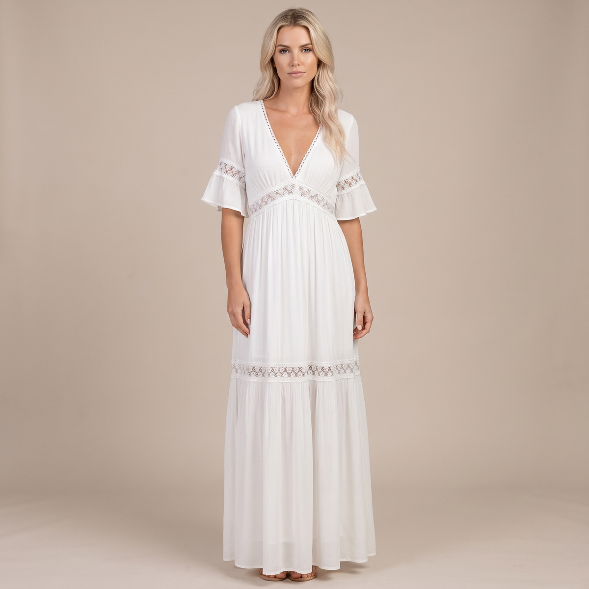 White Lace High Waist Boho Maxi Dress
