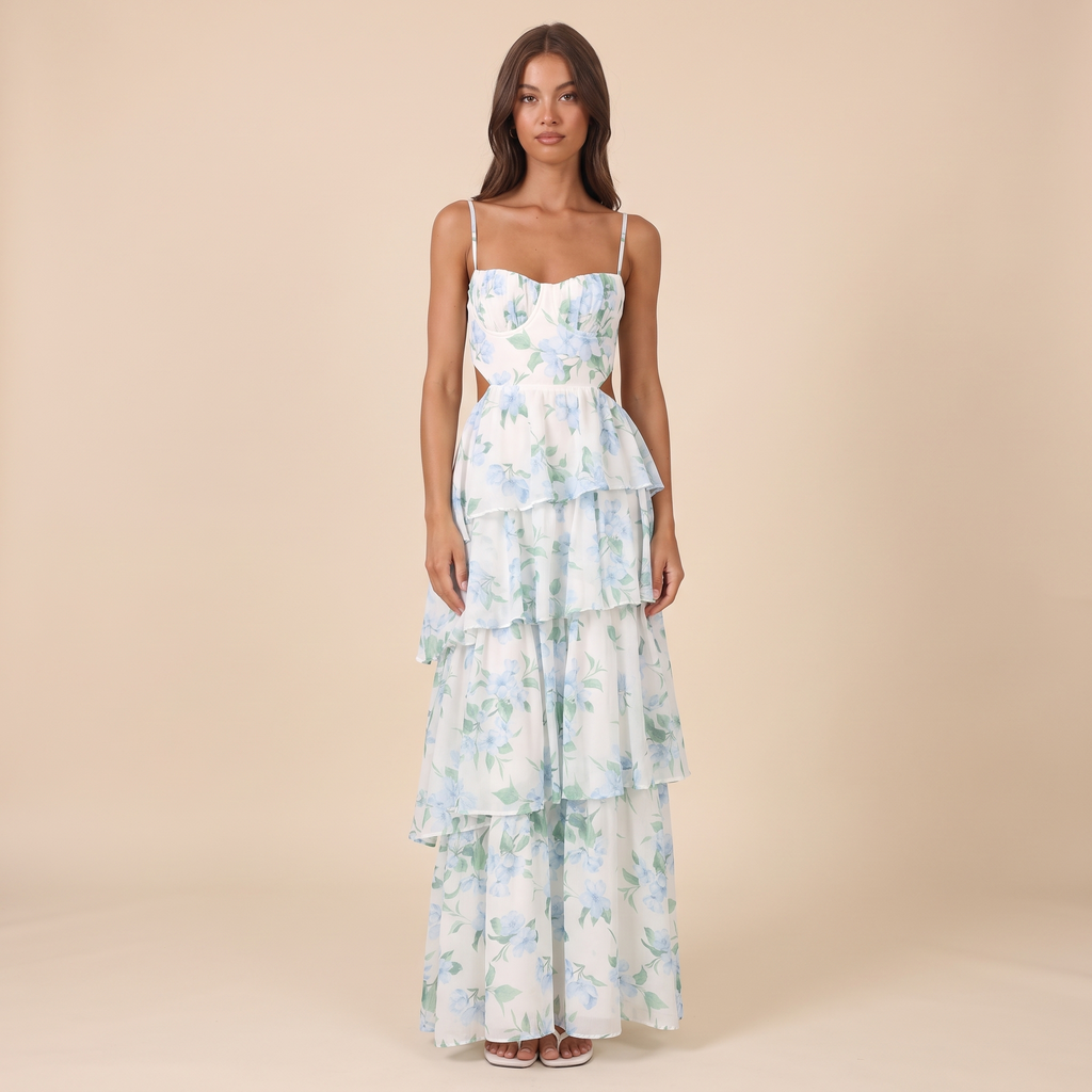 Vianne Tiered Cut-Out Maxi Dress Floral Blue