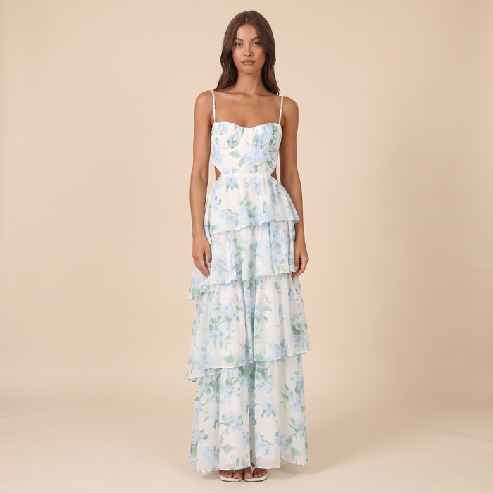 Vianne Tiered Cut-Out Maxi Dress Floral Blue