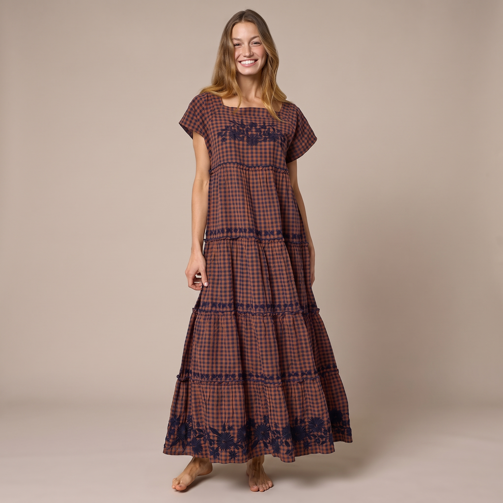 Berkley Embroidered Cotton Maxi Dress - Rust Gingham
