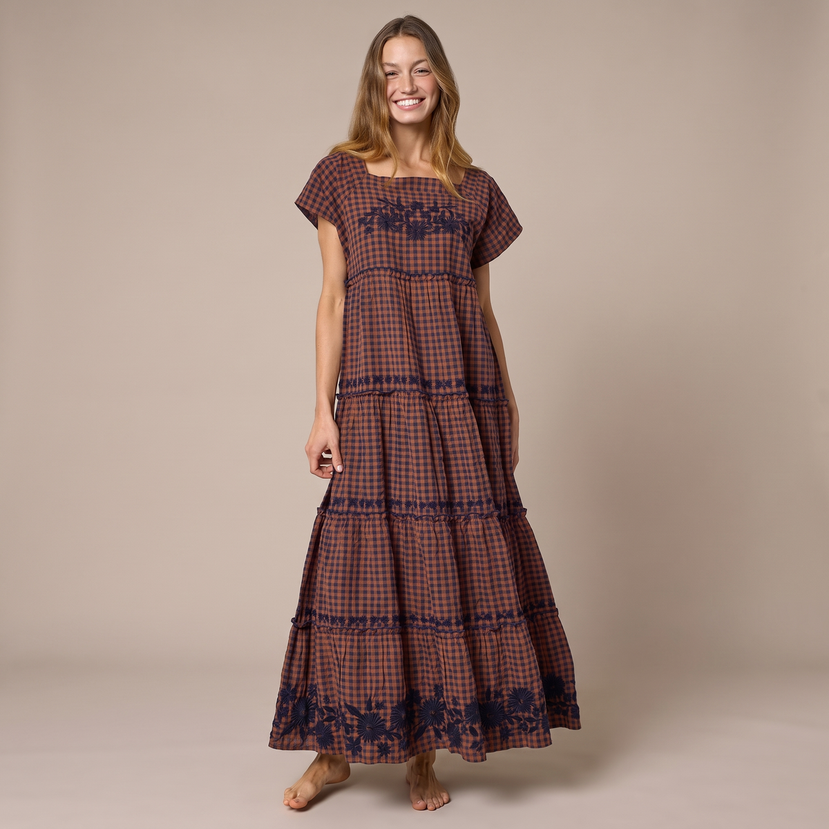 Berkley Embroidered Cotton Maxi Dress - Rust Gingham